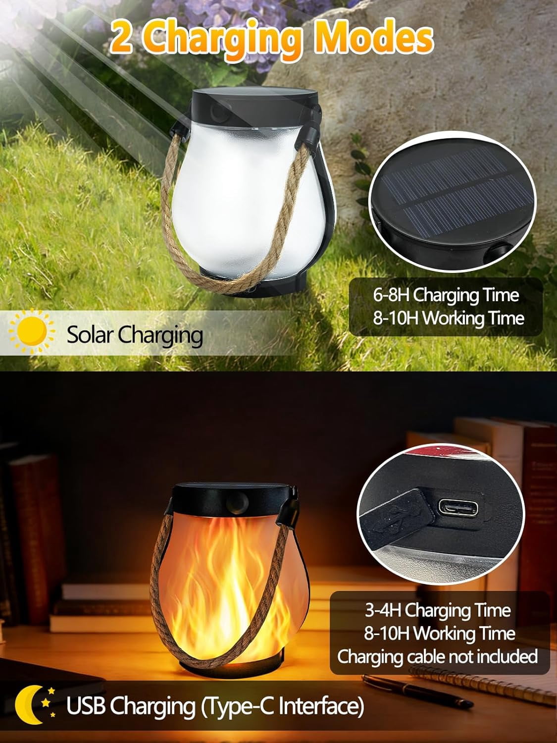 4 Pack Gen2 Solar Lanterns Outdoor Waterproof, Solar Lantern with Dancing Flame, 2 Lighting Modes, Dual Charging USB & Solar, Solar Outdoor Lights with Rope Handle for Camp Garden Tree Tabletop Decor