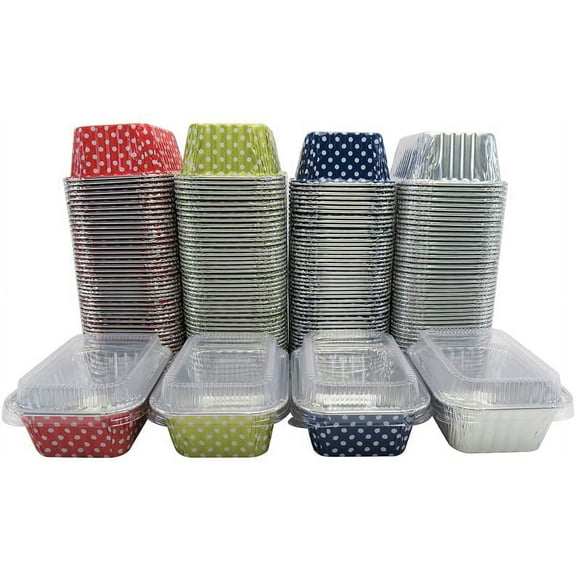 KitchenDance Disposable Aluminum Mini 6 ounce Individual Sized Loaf Pans #4004 Color & Lid Options (Gold Polka Dot- With Lids, 50)