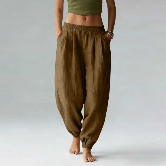 Women Full Length Pants Baeitkot Women Solid Color with Elastic Waist Casual Clothes Pockets Full Length Pants Brown XXL