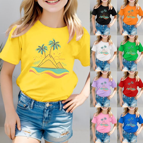 Girls Tshirts Children Tropical Island Graphic Tee Short Sleeve Beach Daily Top Girls Tops White 18-24 Months