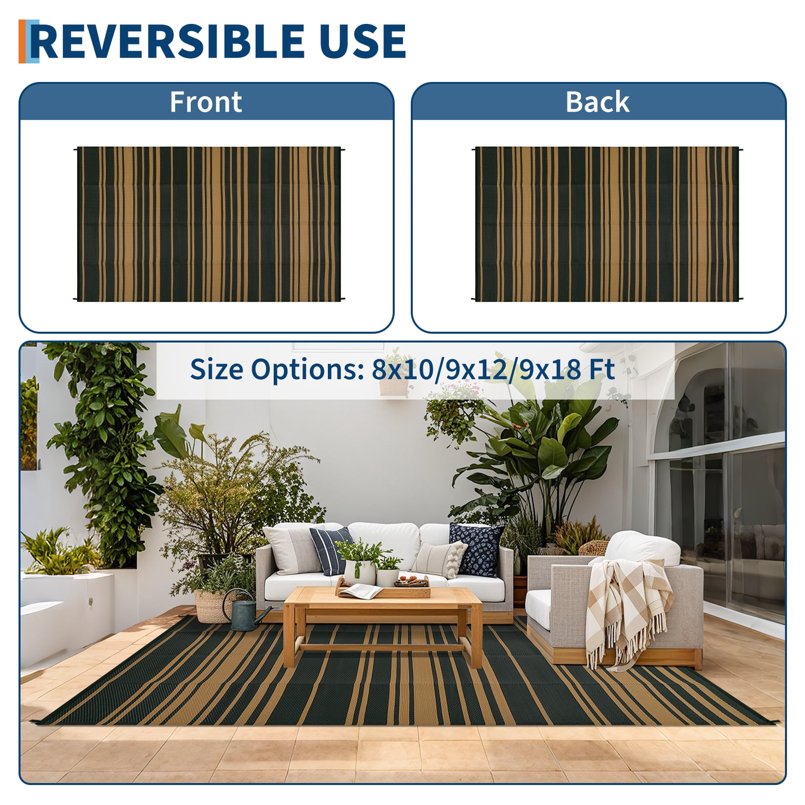 HIWEAVER 9' x 12' Black/Brown Outdoor Rug PP Plastic Straw Woven Waterproof Patio Rug with Border Portable Outside Carpet for Balcony Deck Picnic Garden Decor