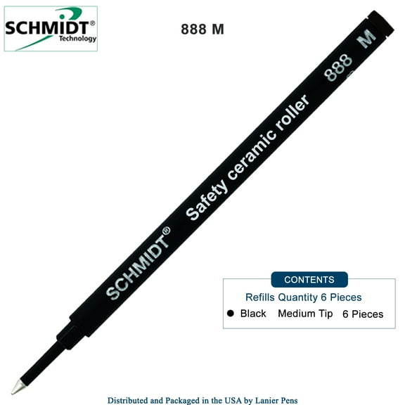 Schmidt 888 Black 6-Pack Safety Ceramic Rollerball Refill, Ceramic Tip Plastic Tube, 0.7mm Medium Point (SC58111)