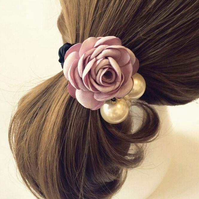 New Women Satin Pearls Rose Flower Ponytail Holder Hairband
