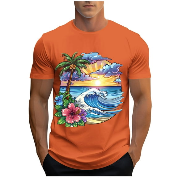 Yuanlook Men's Hawaiian Beach Palm Tree Wave Floral Graphic Crew Neck Short Sleeve T-Shirt, Soft Stretch Breathable Vacation Casual Basic Top M-XXXL