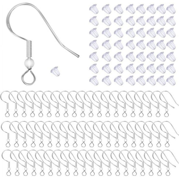 50 PCS/25 Pairs 925 Sterling Silver Earring Hooks Fish Hook Ear Wires French Wire Hooks Hypo-allergenic Jewelry Findings Earring Parts DIY Making with 50 PCS Clear Rubber Earring Safety Backs