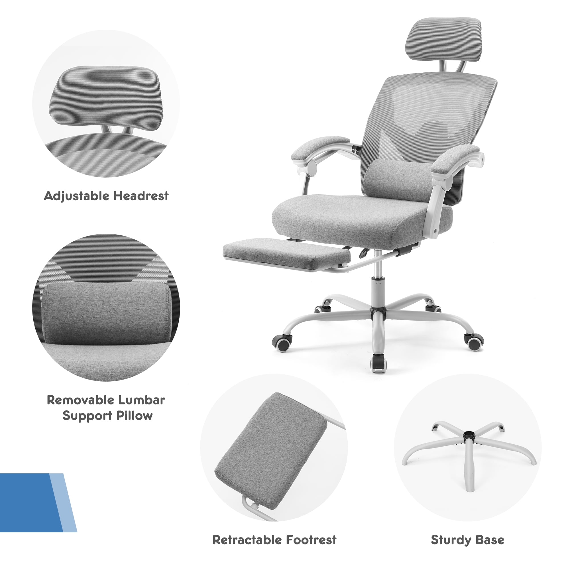 CONCETTA Ergonomic High Back Mesh Office Chair with Headrest, Footrest, Armrests for Adults, Gray