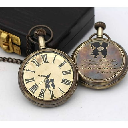 New Brass Pocket Watch Cousins Kissing Boy and Girl Retro Style Pocket Watch With Wood Box