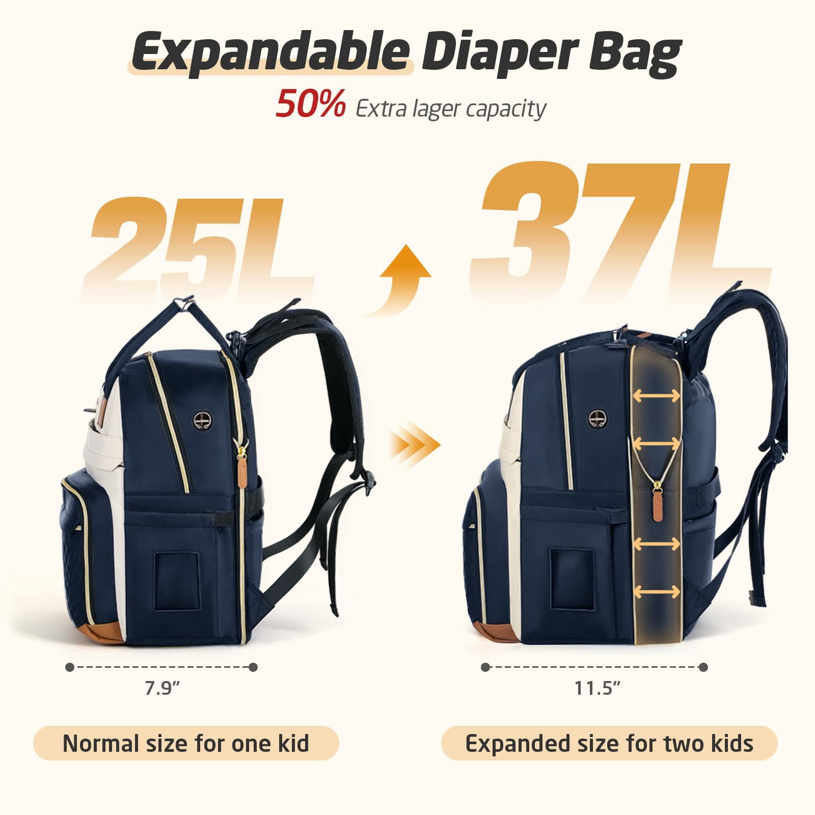 Diaper Bag Backpack, Extra Large for Twins & 2 Kids, Expandable 25-37L Travel Baby Bag with Changing Pad & Earphone Hole, Apricot Blue