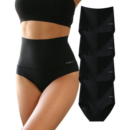Finetoo 4 Pack High Waisted Underwear for Women Tummy Control Panties High Rise Body Shaper Brief Nylon Seamless Bikini Panty for Ladies S-XL