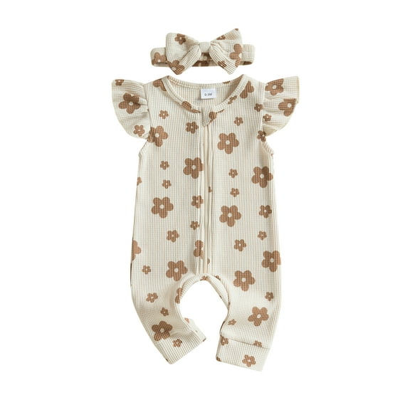 Suealasg Newborn Baby Girls Summer Outfits Flower Pattern Crew Neck Flying Sleeve Zip Up Romper Bow Headband