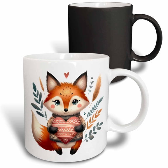3drose, Cute Fox with a Folk Art Heart Illustration, 11oz Magic Transforming Mug
