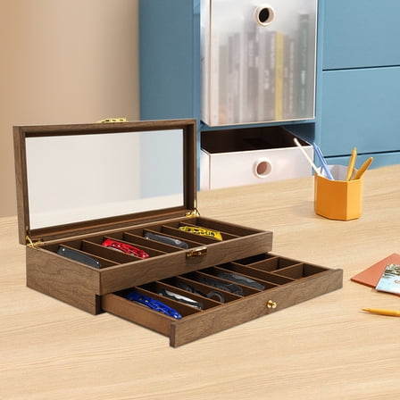 2-Tier Knife Storage Box with Glass Lid & Lock | Premium Walnut Design for Kitchen, EDC, and Collectible Knives | Compact, Safe, and Stylish Knife Organizer | Dust-Proof & Scratch-Resistant