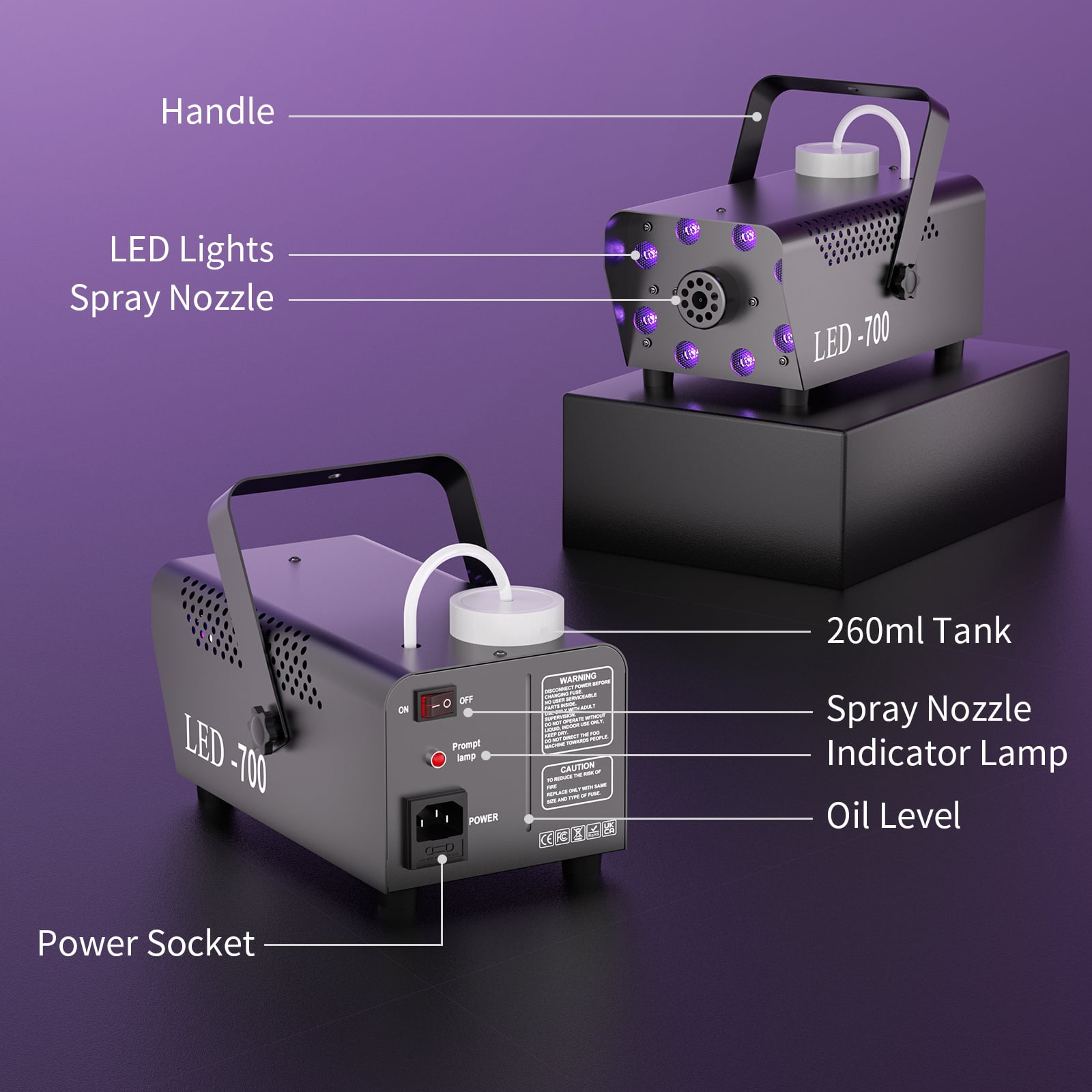 700W Fog Machine with 15 Colorful LED Lights Effect, 3000CFM, Remote Control - for Weddings, Halloween, Parties & Stage Shows
