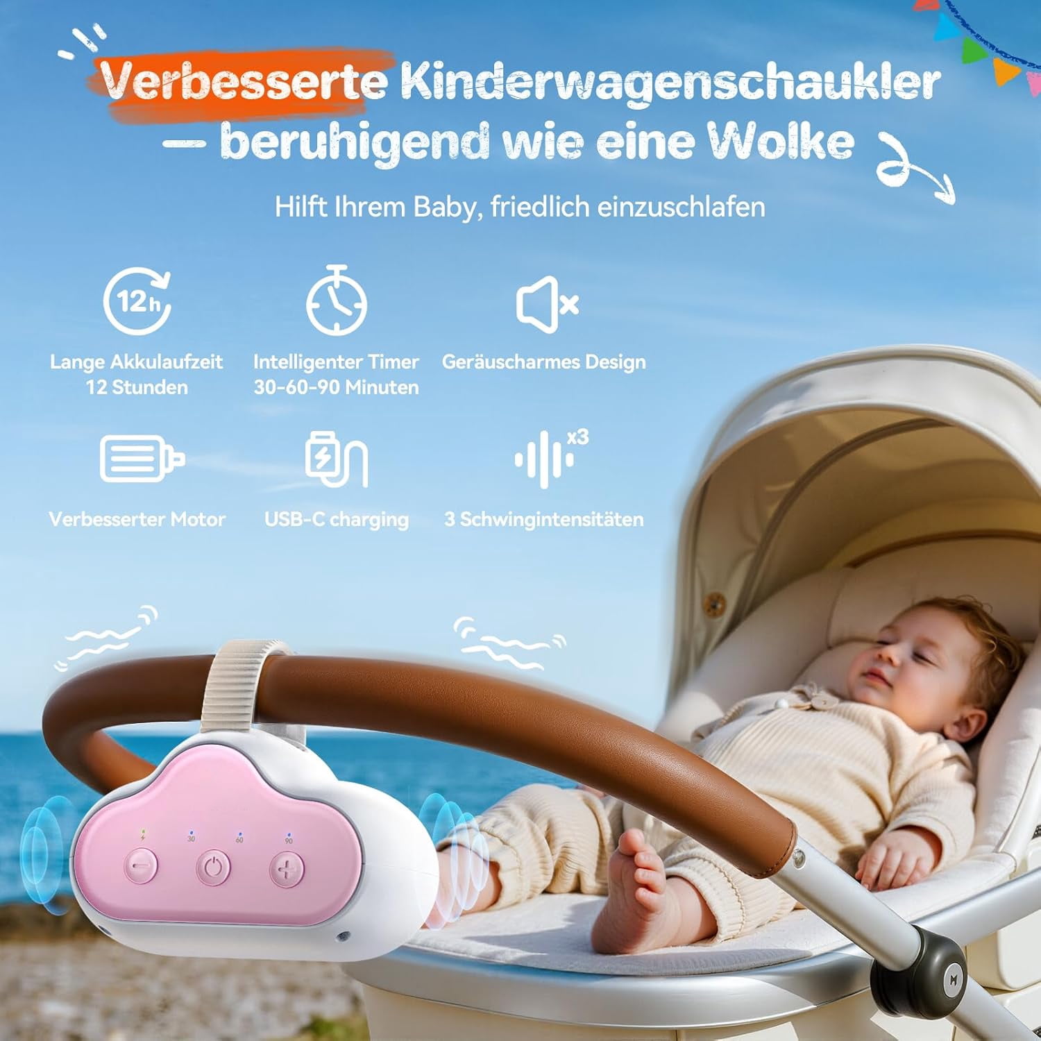 Wiher Rechargeable Stroller Rocker Device – Hands-Free Baby Rocker & Sleep Soother, Quiet Motor, Fits Stroller Handle, Bassinet & Crib, 3 Speeds, 4 Timer Settings, for Newborns to Toddlers(Pink)