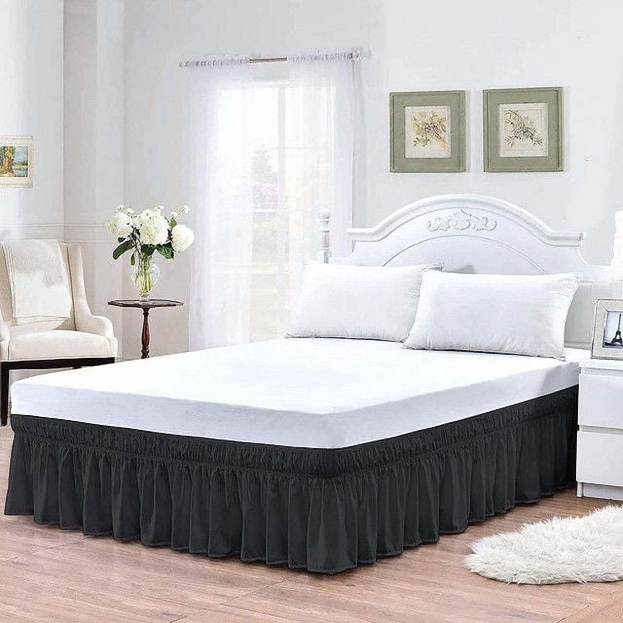 Pure Dreams Wrap Around Dust Ruffle Bed Skirt, 100% Microfiber, 12 Inch Drop, Easy Fit Elastic Strap- Black Queen Size
