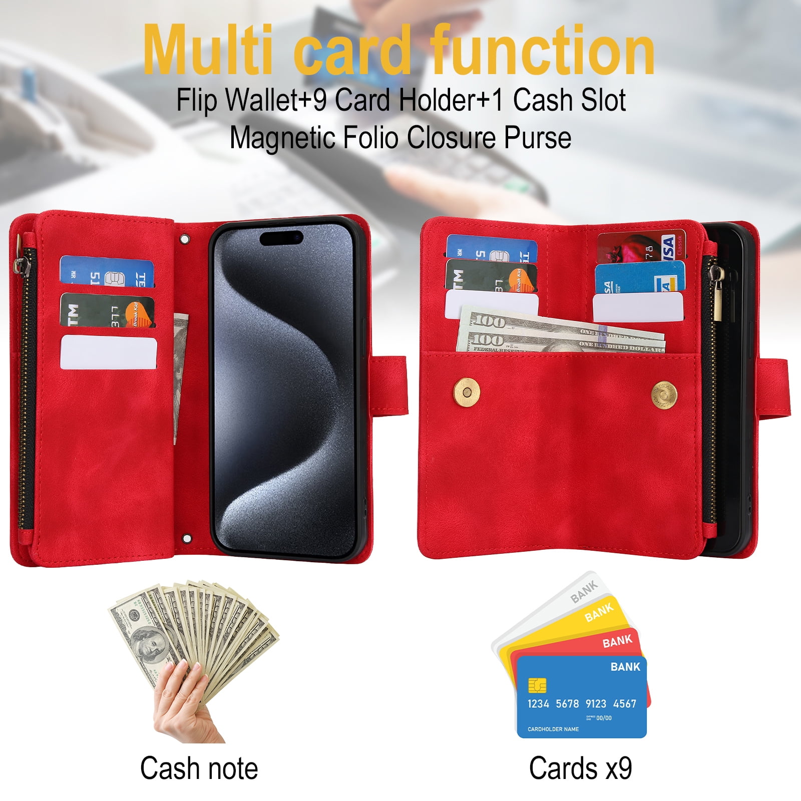 Jcxtrombulous Crossbody Wallet Case For IPhone 13 Pro Max With Lanyard Strap Card Slot Holder RFID Blocking 360°Ring Kickstand,Magnetic Flip Folio Zipper Purse Case, PU Leather Cover Handbag,Rose Gold - View #6