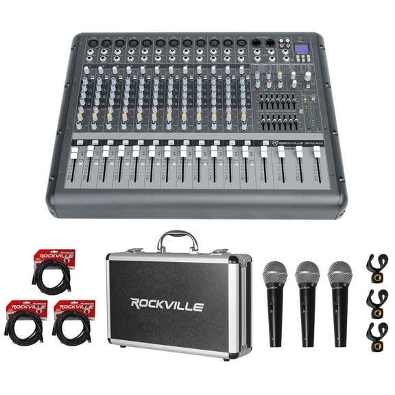 Rockville RPM1470 14 Channel 6000w Powered Mixer, USB/Effects 3 Mics Case Cables