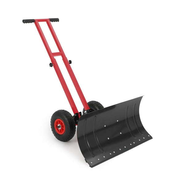 Heavy Duty Metal Snow Shovel with Wheels, 7-Position Adjustable Handle & Blade Angle, Rolling Snow Pusher for Driveway & Sidewalk