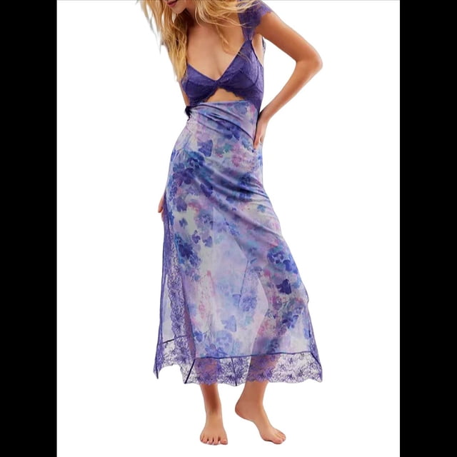 Vestidos Largos de Verano Y2K con Encaje, Retazos, , Estampado Floral, Escote Corazón, Espalda Descubierta y Abertura para Mujer Púrpura L