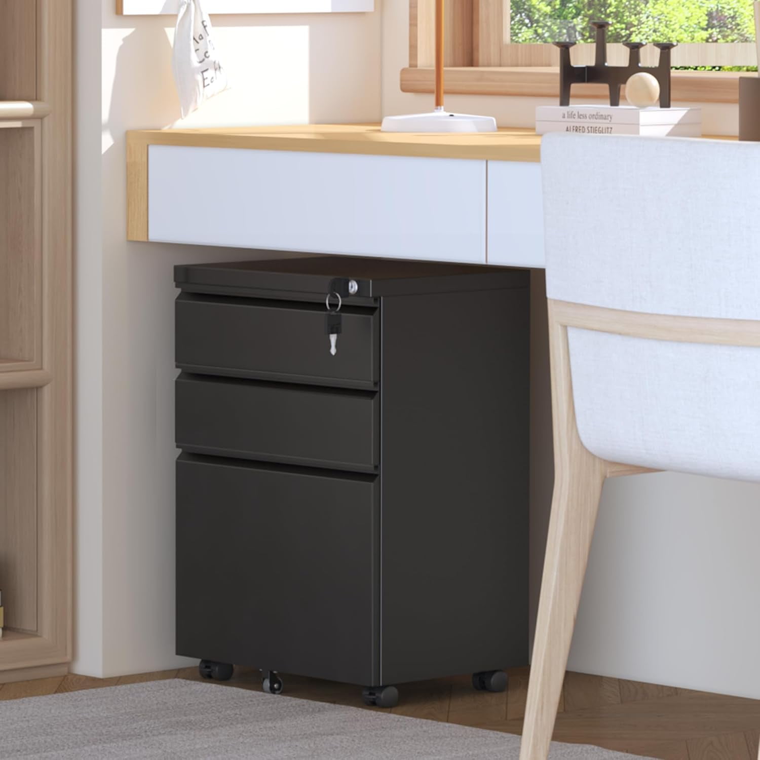 SUNCROWN 3 Drawer Mobile File Cabinet with Lock, Metal Filing Cabinet on Wheels, Under Desk File Cabinet for Home Office Organizer Letter/Legal/A4 File (Assembly Required, Black)
