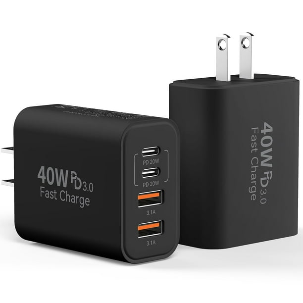 Bloque de cargador de pared USB C, 40 W, 4 puertos, carga rápida, paquete de 2