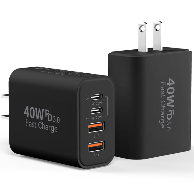 Bloque de cargador de pared USB C, 40 W, 4 puertos, carga rápida, paquete de 2