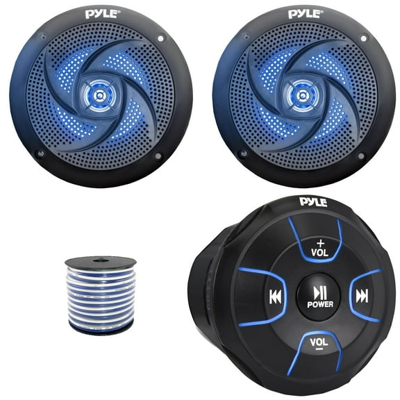 Pyle PLMRBT18 Bluetooth Audio Amplified Marine Waterproof Controller, Pyle PLMRS43BL 4" 100 Watts Max Power 2-Way Low Profile Blue Flashing LED Boat Audio Speakers (1 Pair), 50 Feet 18G Speaker Wire
