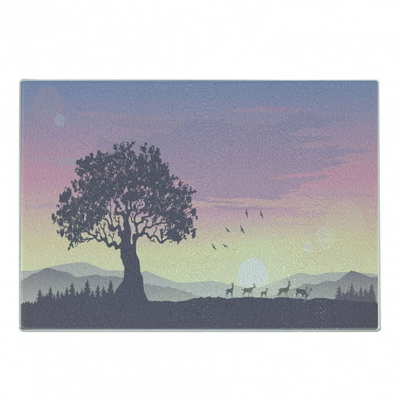 Tree Cutting Board, Dreamlike View on a Big Tree and Mountains and a Herd of Deer During Dawn, Decorative Tempered Glass Cutting and Serving Board, in 3 Sizes, by Ambesonne