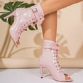 thumbnail image 4 of Rokment Women's Stiletto High Heels Combat Booties Sandals Vintage Sexy Leather Buckles Pointed Open Toe Lace up Dressy Pumps Spring Summer Shoes for Ladies Pink Size 6, 4 of 8