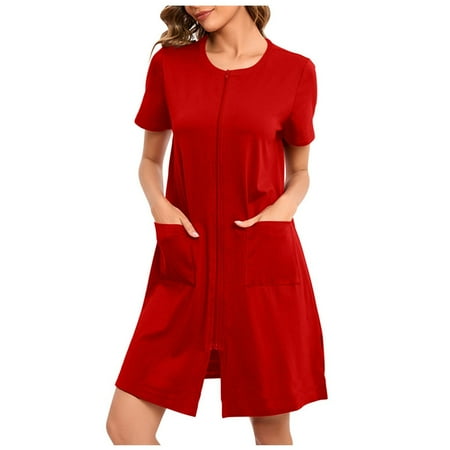 GHSOHS Robes for Women Night Lingerie Dress Birthing Gown Women Zipper Front Coat Short Sleeves Robe Bathrobes Lightweight Knee Length Short Dress with Pockets Sleepwear Sleepshirt Pajamas Nightgown