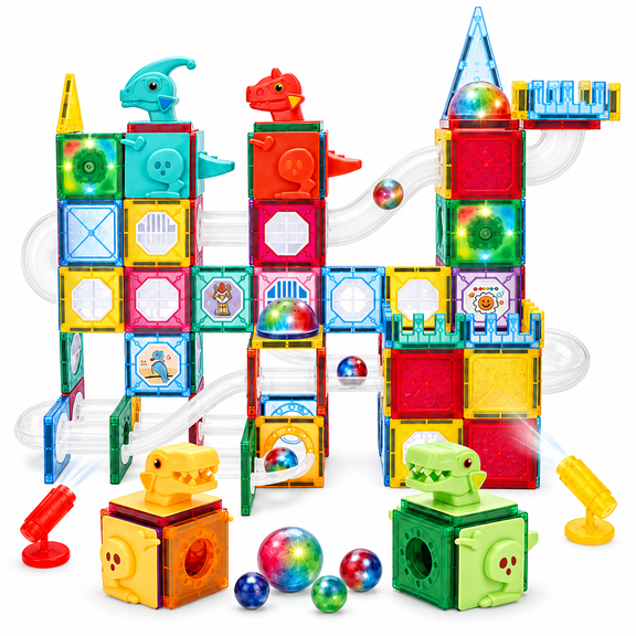 Kids Magnetic Blocks & Marble Run Set with Dinosaurs, 220 Pieces, Ages 3 