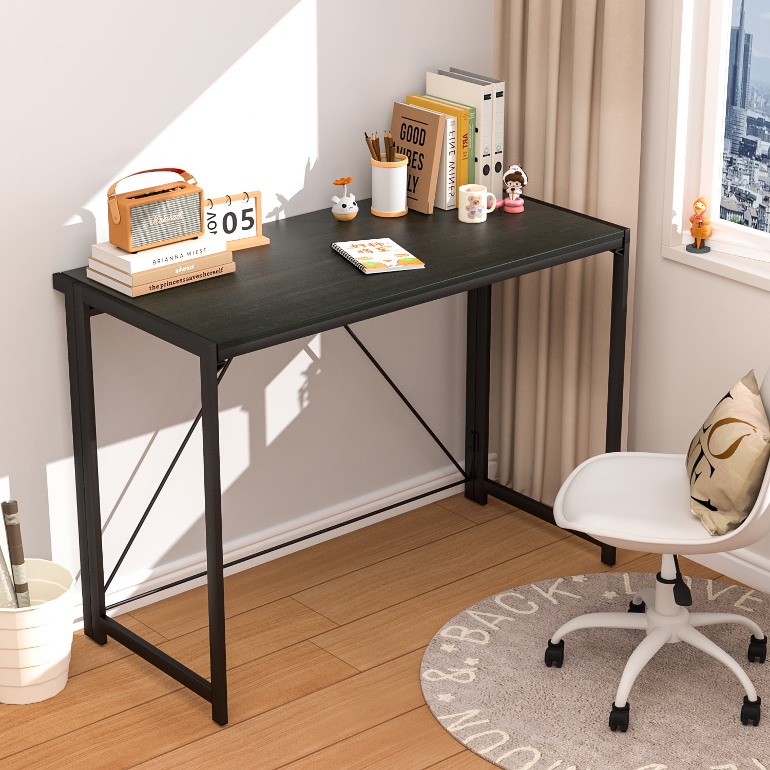 Mainstays Black Frame Folding Desk with Black Grained Top,Adult