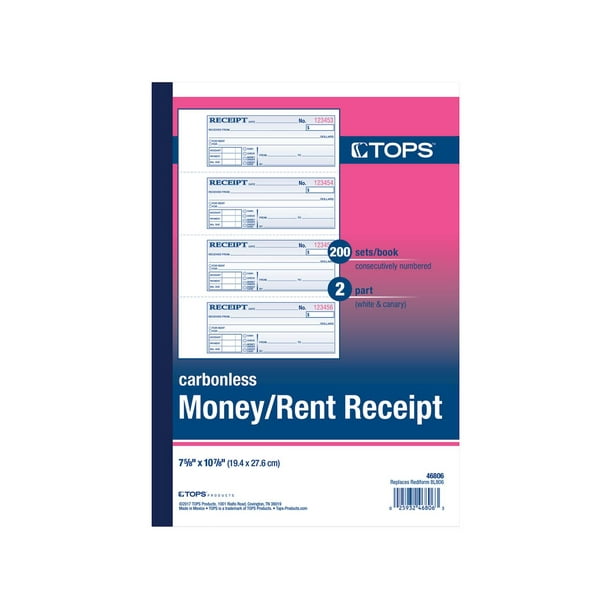 TOPS Money Receipt Book, 2Part Carbonless, 4 Receipts/Page, 200 Sets