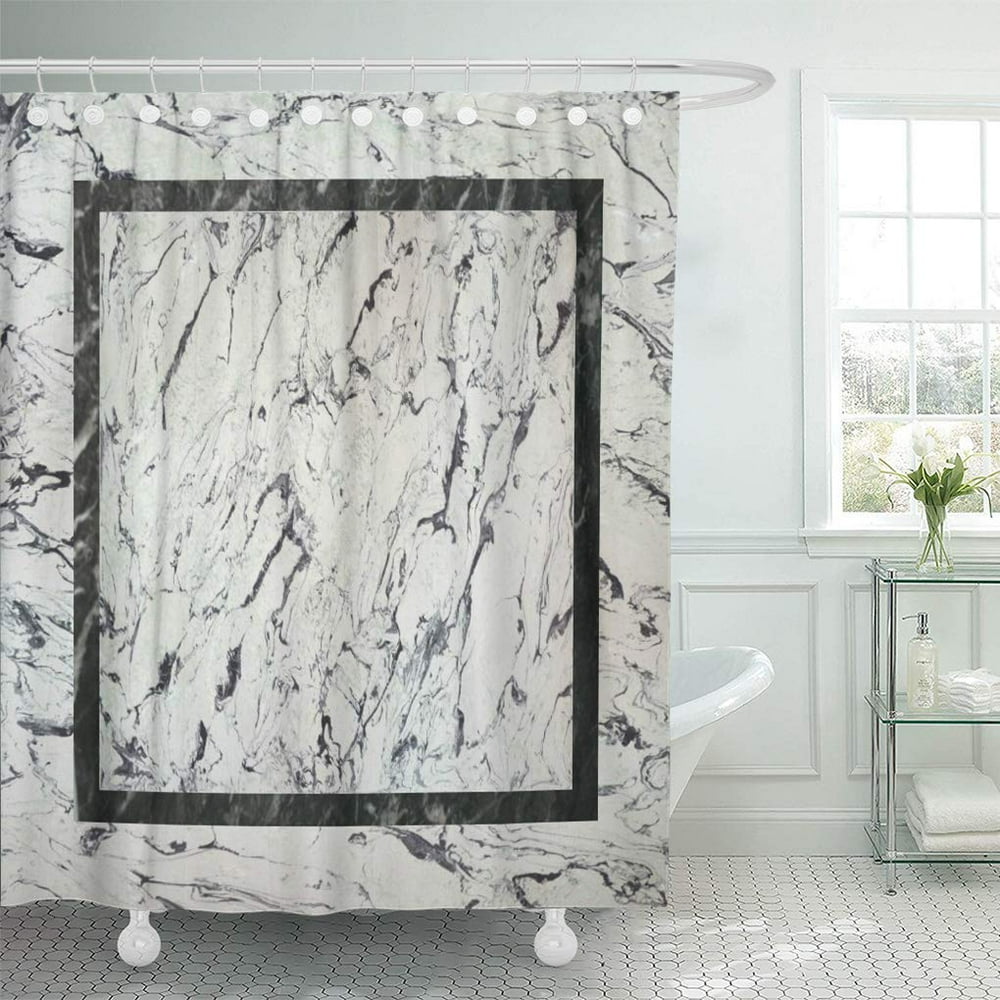 SUTTOM Gray Stone Marble Inlay White Black Grey Shower Curtain 66x72