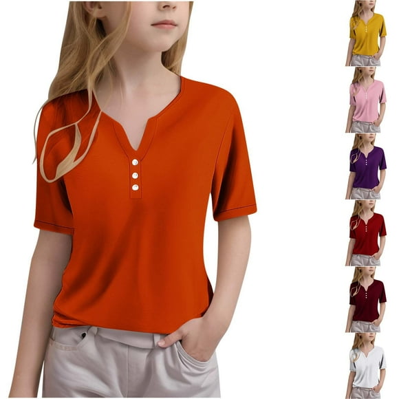 Feancey Kids Henley Shirts Girls Short Sleeve Summer Tops Button V Neck Casual T-Shirts Toddler Boys Solid Color Loose Tunic Tees Holiday Clearance Red 4 Years