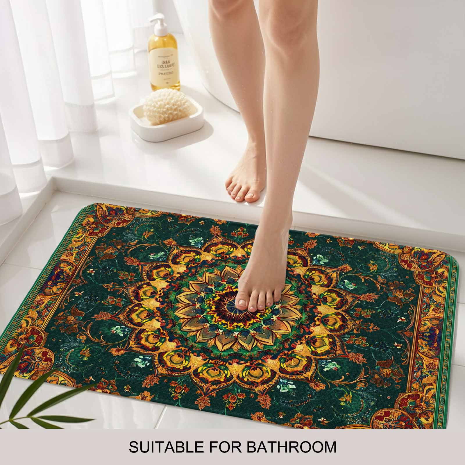 Bohemian Flower Doormat Outdoor Entrance 18"x30", Colorful Yellow Boho Rustic Tribal Absorb Moisture Dirt Door Mats, Non-Slip Rubber Backing Floor Mats Indoor, Low-Profile Front Door Rugs