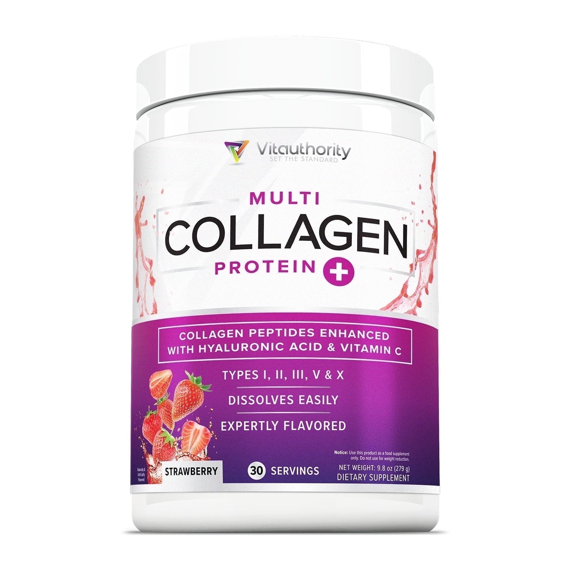 Vitauthority Multi Collagen Peptides Hydrolyzed Protein Powder with Hyaluronic Acid & Vitamin C, Strawberry, 9.7 oz