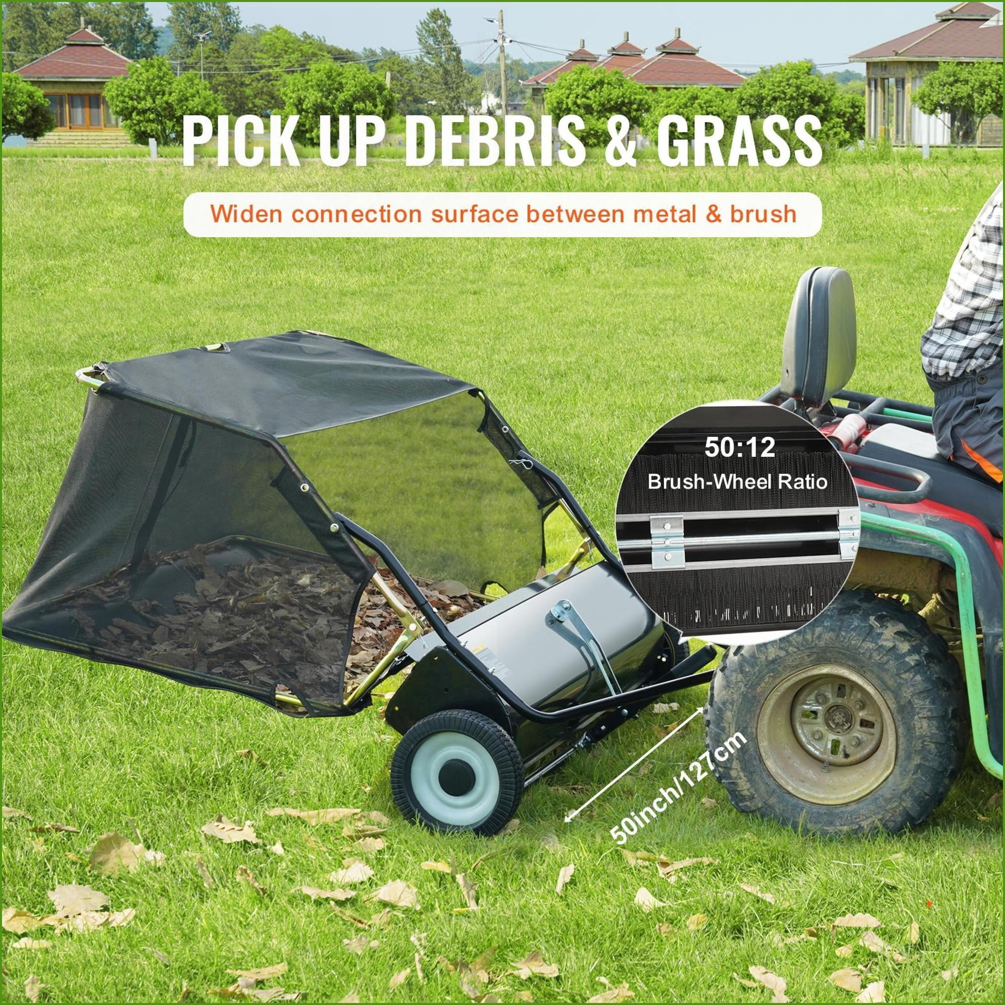 Lawn Gardening Tool | 50" Tow Behind Lawn Sweeper | 26 Cu Ft | Adjustable | For Yards Gardens | herramienta, barredora, recogedor | Black