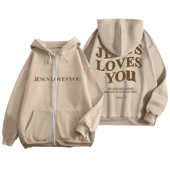 shqvo Jesus Loves You Hoodie Zip Up Hoodie Women Oversized Christian Sweatshirts Lightweight Long Sleeve Fleece Jacket with Pockets Preppy Clothes