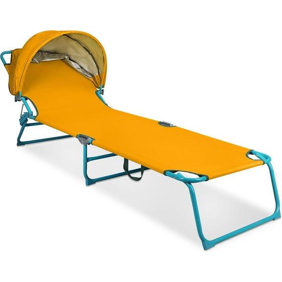 Outdoor Lounge Chair, Tanning Chair with Sunshade Roof, Adjustable Backrest Folding Chaise Lounge, Reclining Beach Bed for Beach, Camping, Hiking -Yellow