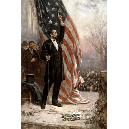 Civil War Artwork - American Civil War Painting of President Abraham Lincoln Holding the American Flag United States History Print Wall Art