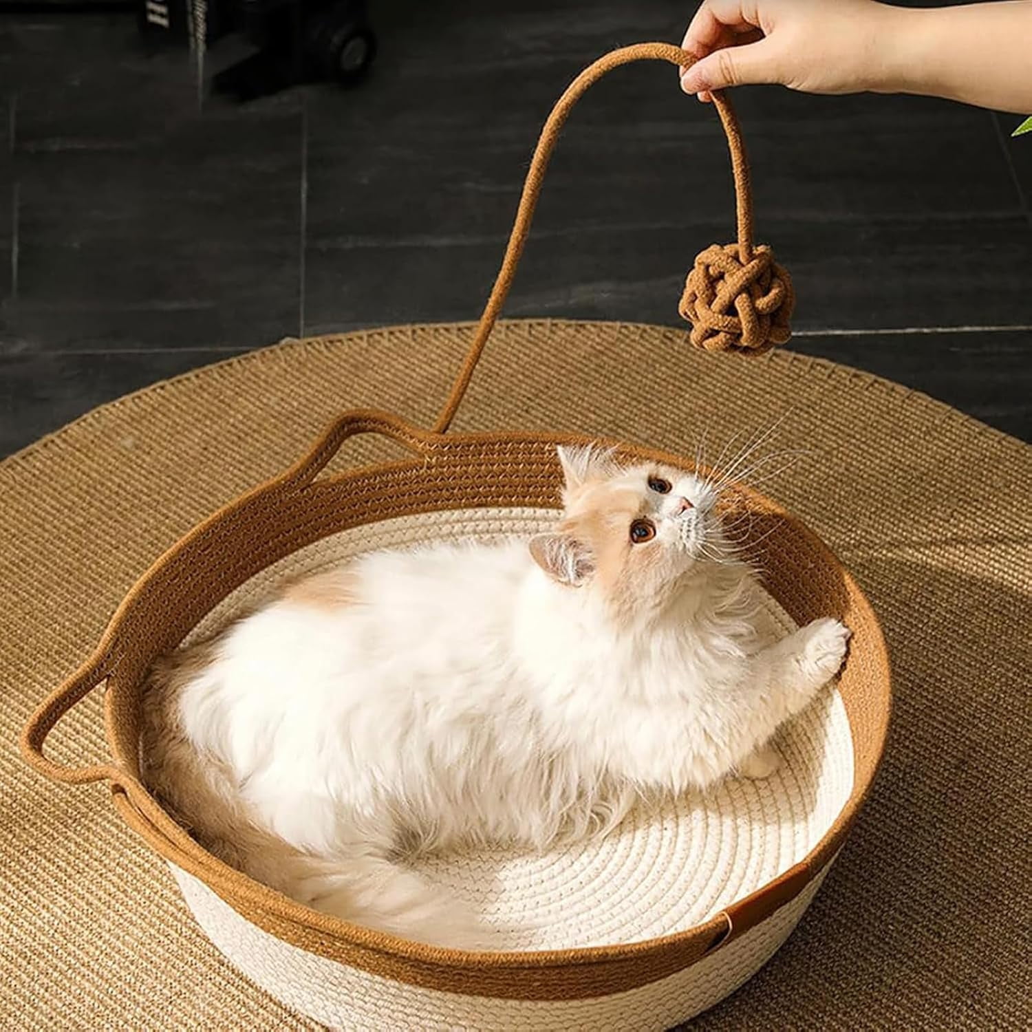 Basket for Cats with Durable Cotton Rope Weave, Handwoven Cat Bed with Built-in Washable Scratching Pad, Toy Tail for All-Season Indoor Comfort of Small Large Cats & Dogs.