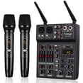 thumbnail image 1 of Mezclador de audio profesional con micrófono inalámbrico dual, interfaz del sistema de consola de placa de sonido Mezclador de DJ de 4 canales USB Bluetooth MP3 Entrada de computadora Alimentación fan, 1 of 5