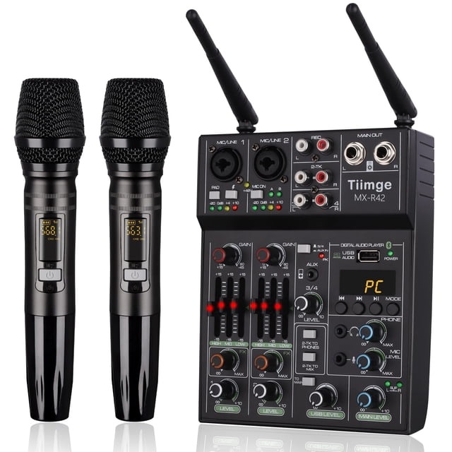 Mezclador de audio profesional con micrófono inalámbrico dual, interfaz del sistema de consola de placa de sonido Mezclador de DJ de 4 canales USB Bluetooth MP3 Entrada de computadora Alimentación fan