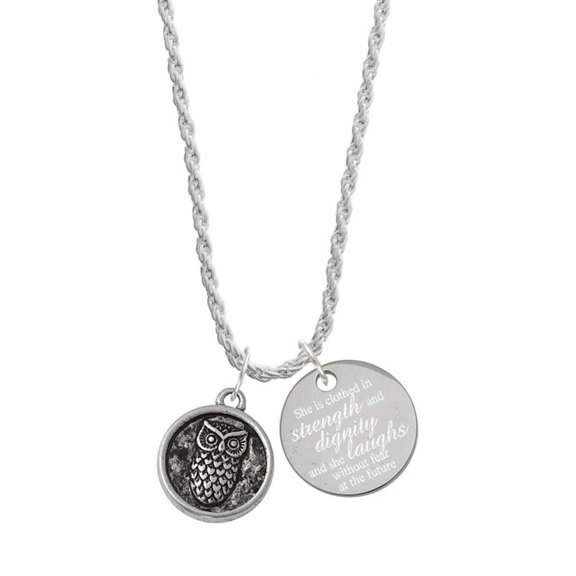 Delight Jewelry Silvertone Antiqued Round Seal - Owl She is Clothed in Stength and Dignity Charm Necklace, 20" 3"