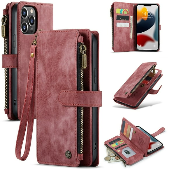 CaseMe Case for iPhone 13 Pro Max Wallet Case for Women Men, Fashion Durable PU Leather Magnetic Flip Lanyard Strap Wristlet Zipper Card Holder Wallet Phone Case for iPhone 13 Pro Max 6.7-inch,Red