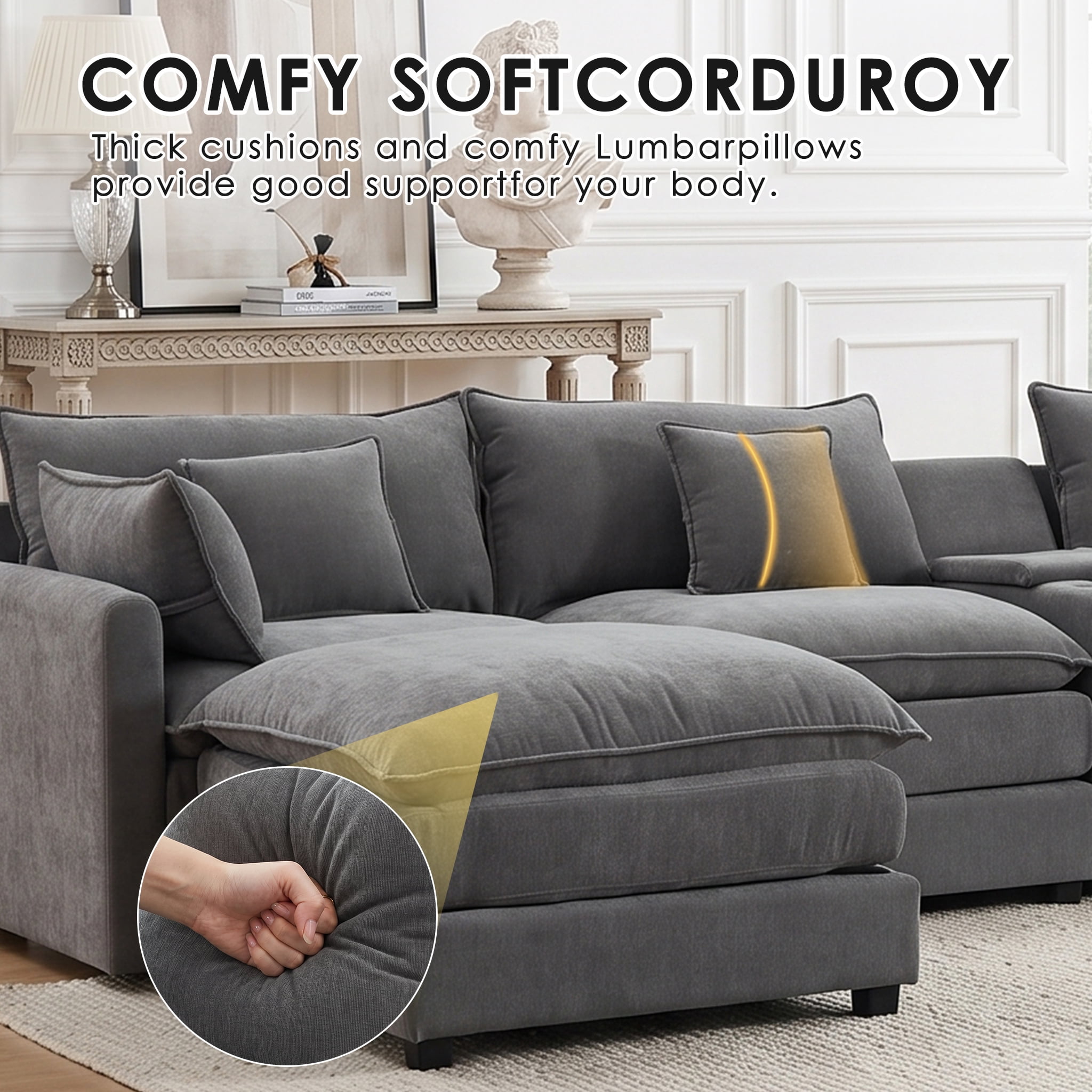 ANPPORT 145" U Shaped Cloud Modular Sectional Sofa, Chenille Deep Seat Couch with Storage Console, USB Ports & Cup Holders for Living Room, Grey
