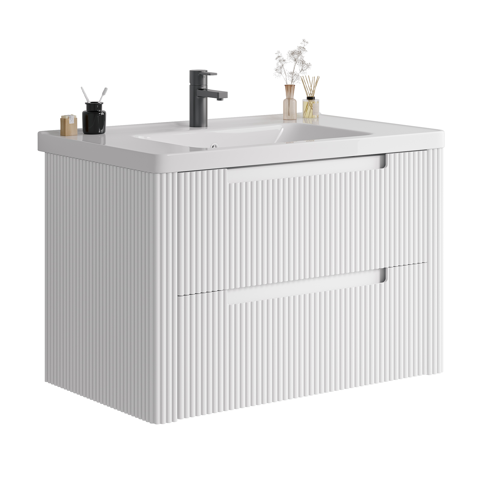 ROGALIS 32" Modern Bathroom Vanity, 2-Drawer, glossy resin Sink, Fluted Design,White