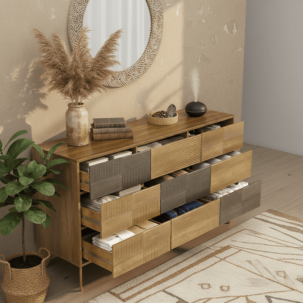 Danpinera Home 55" Wooden Dresser for Bedroom, 9 Drawer Double Dresser with Fluted Front, Mid Century Modern Push-to-Open Chest of Drawers, Dark Wood