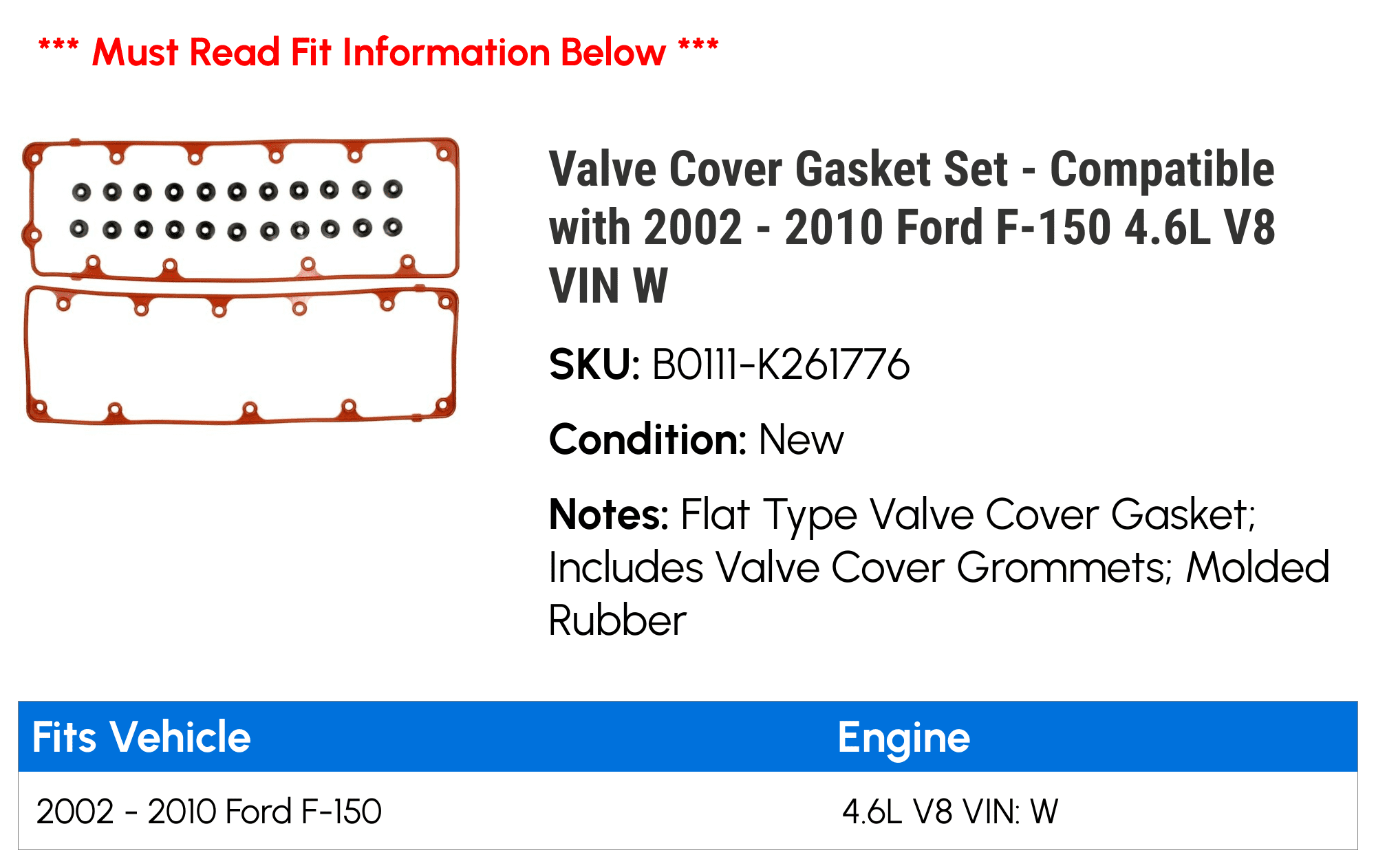 Valve Cover Gasket Set - Compatible with 2002 - 2010 Ford F-150 4.6L V8 VIN W 2003 2004 2005 2006 2007 2008 2009